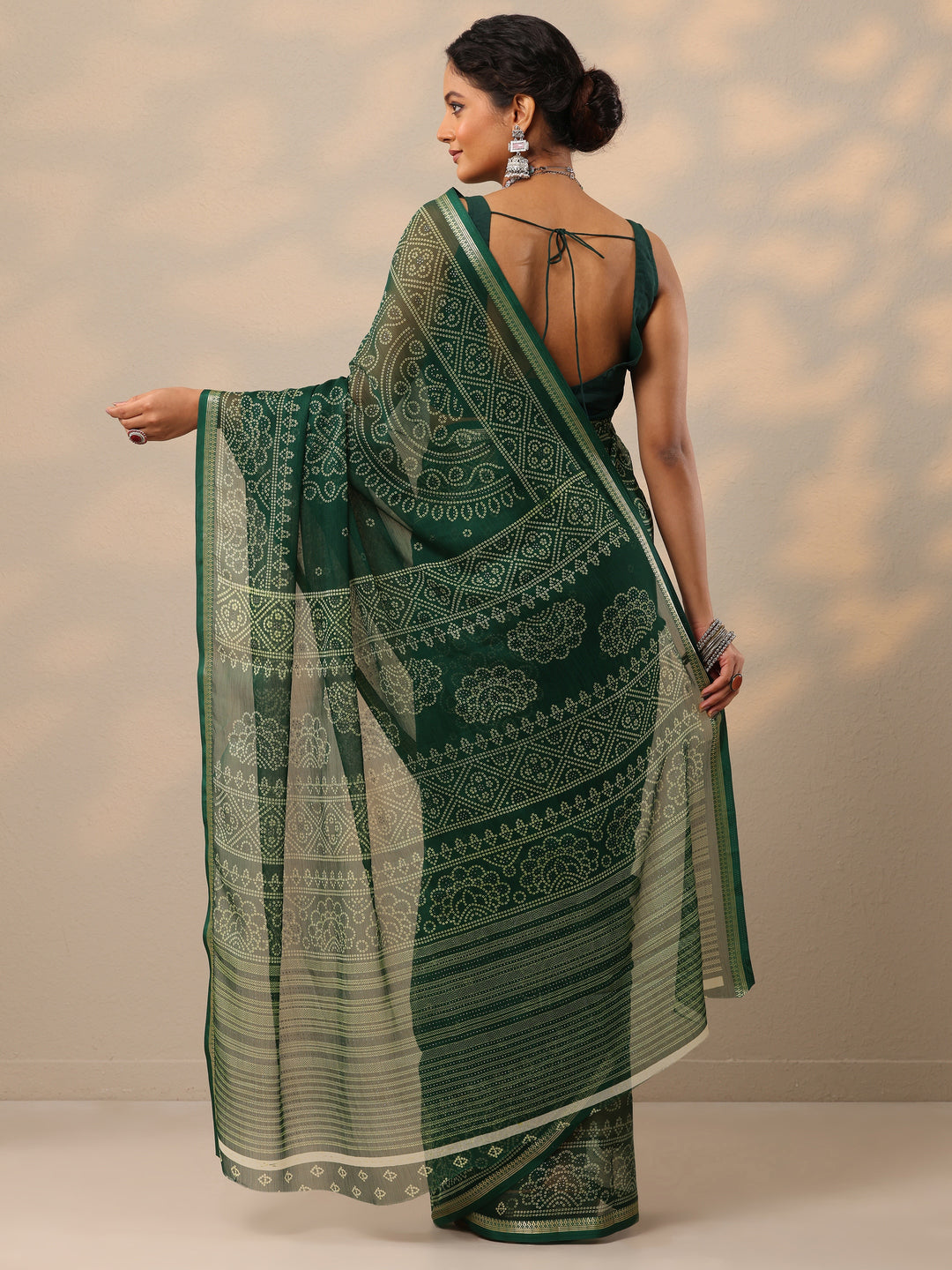  Green Bandhani Printed Chiffon Saree With Unstitched Blouse Piece 