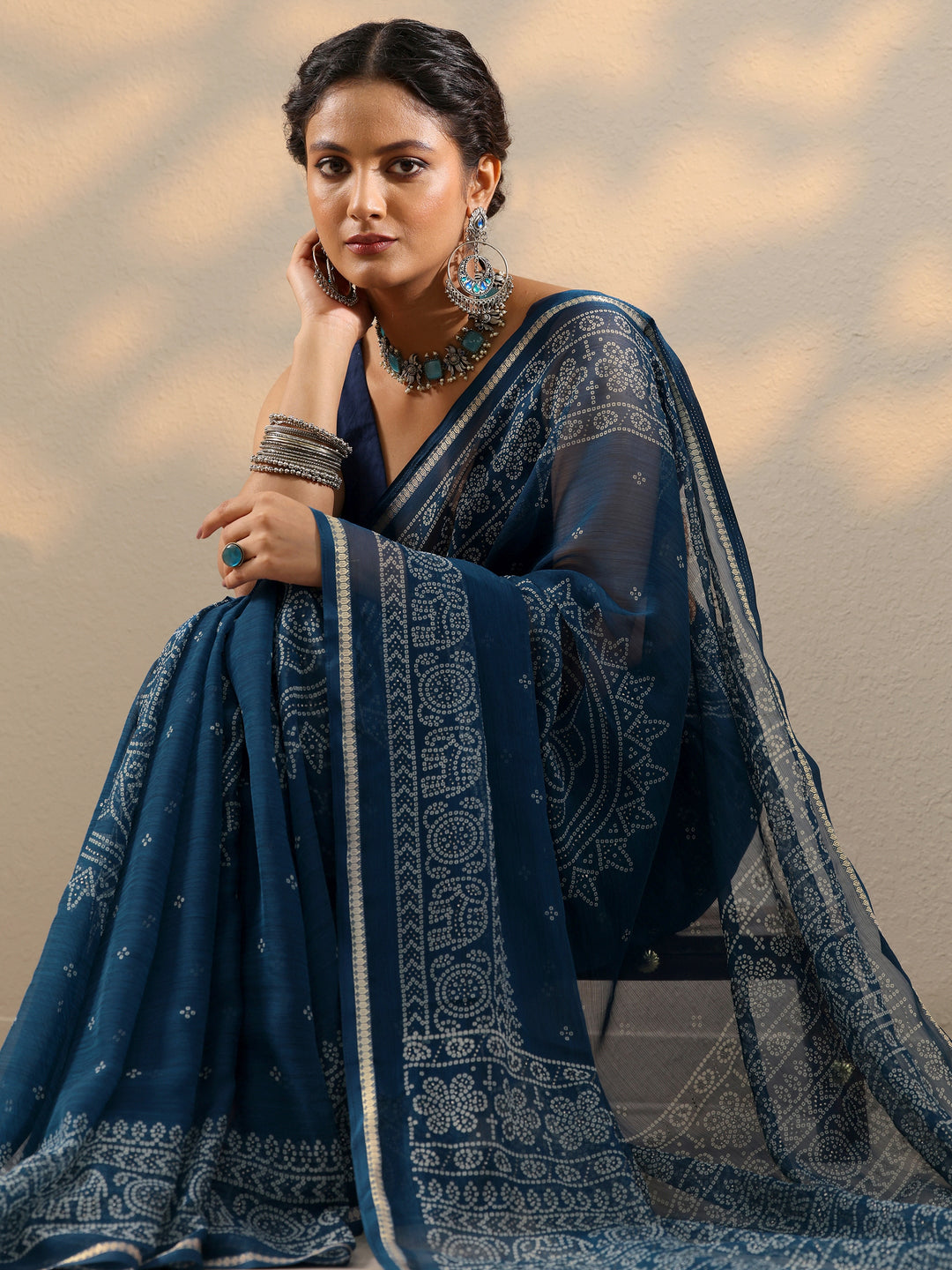  Navy Blue Bandhani Printed Chiffon Saree With Unstitched Blouse Piece 
