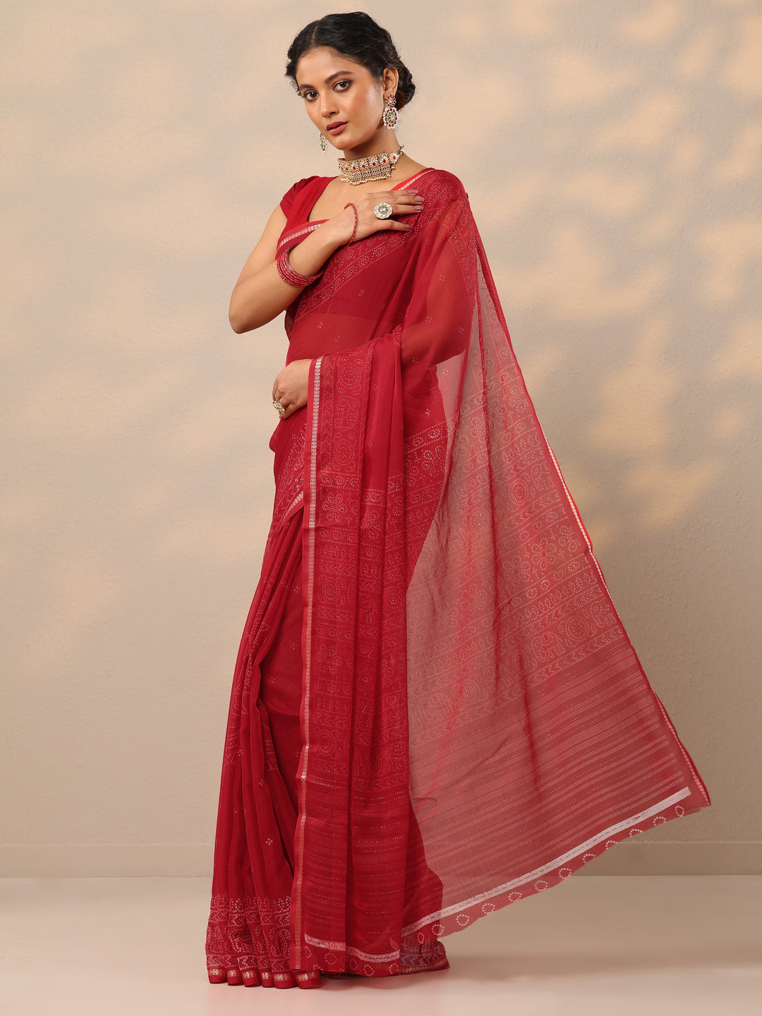  Red Bandhani Printed Chiffon Saree With Unstitched Blouse Piece 
