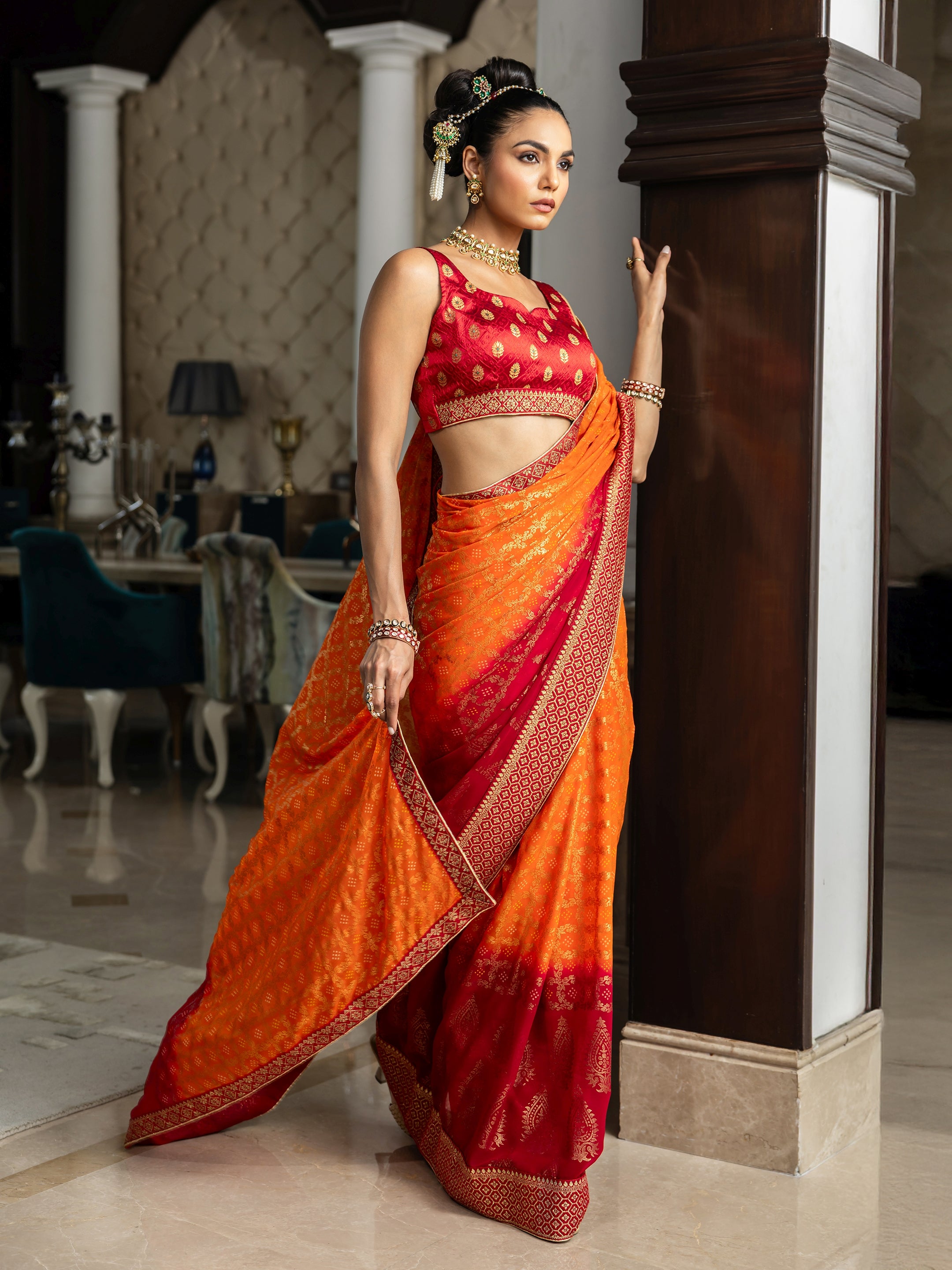 libas Orange Bandhani Printed Georgette Saree With Unstitched Blouse Piece-picture-32