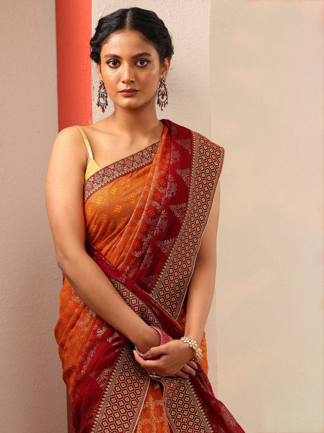 Orange Bandhani Printed Georgette Saree With Unstitched Blouse Piece