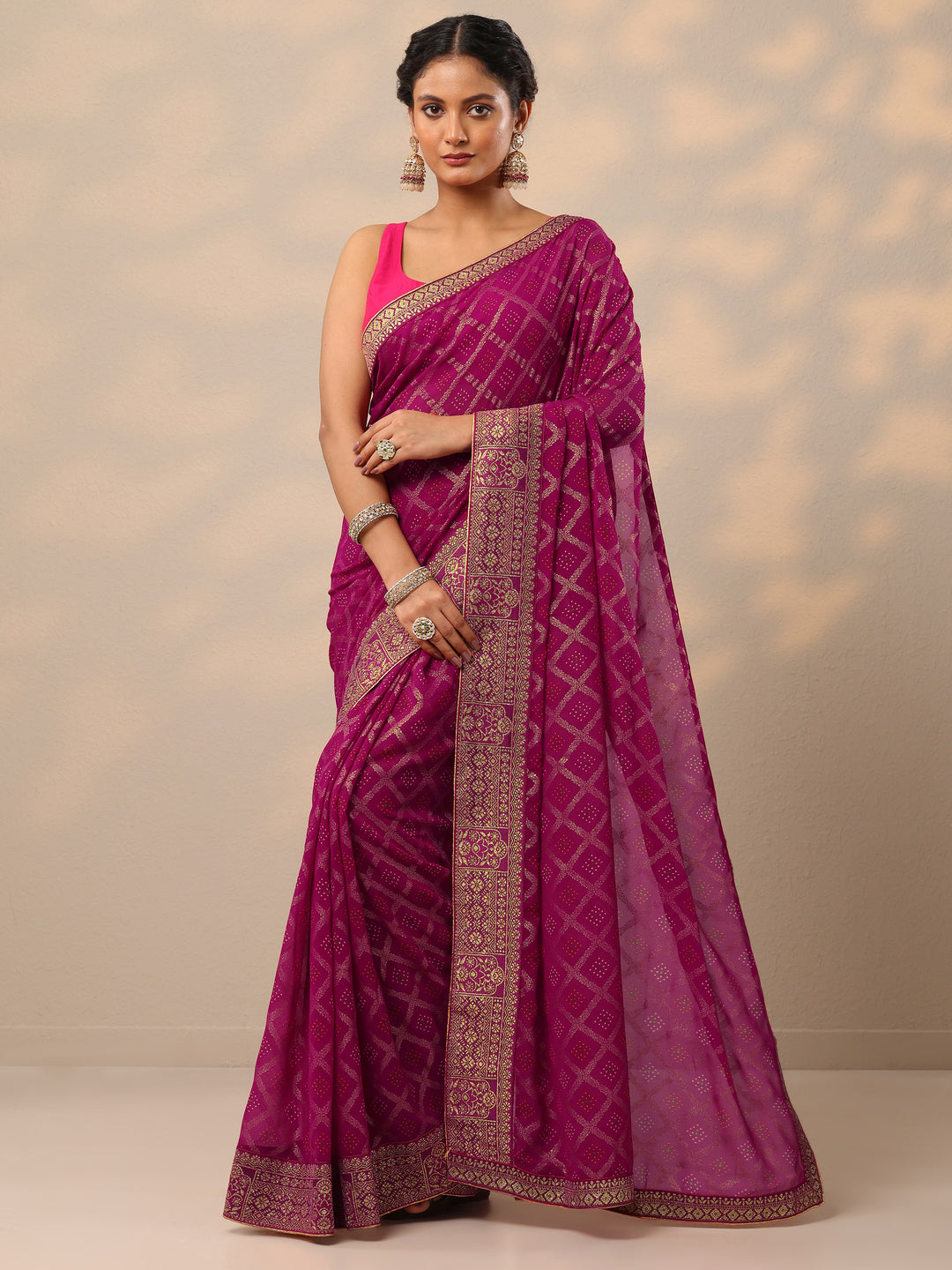  Magenta Bandhani Printed Georgette Saree With Unstitched Blouse Piece 