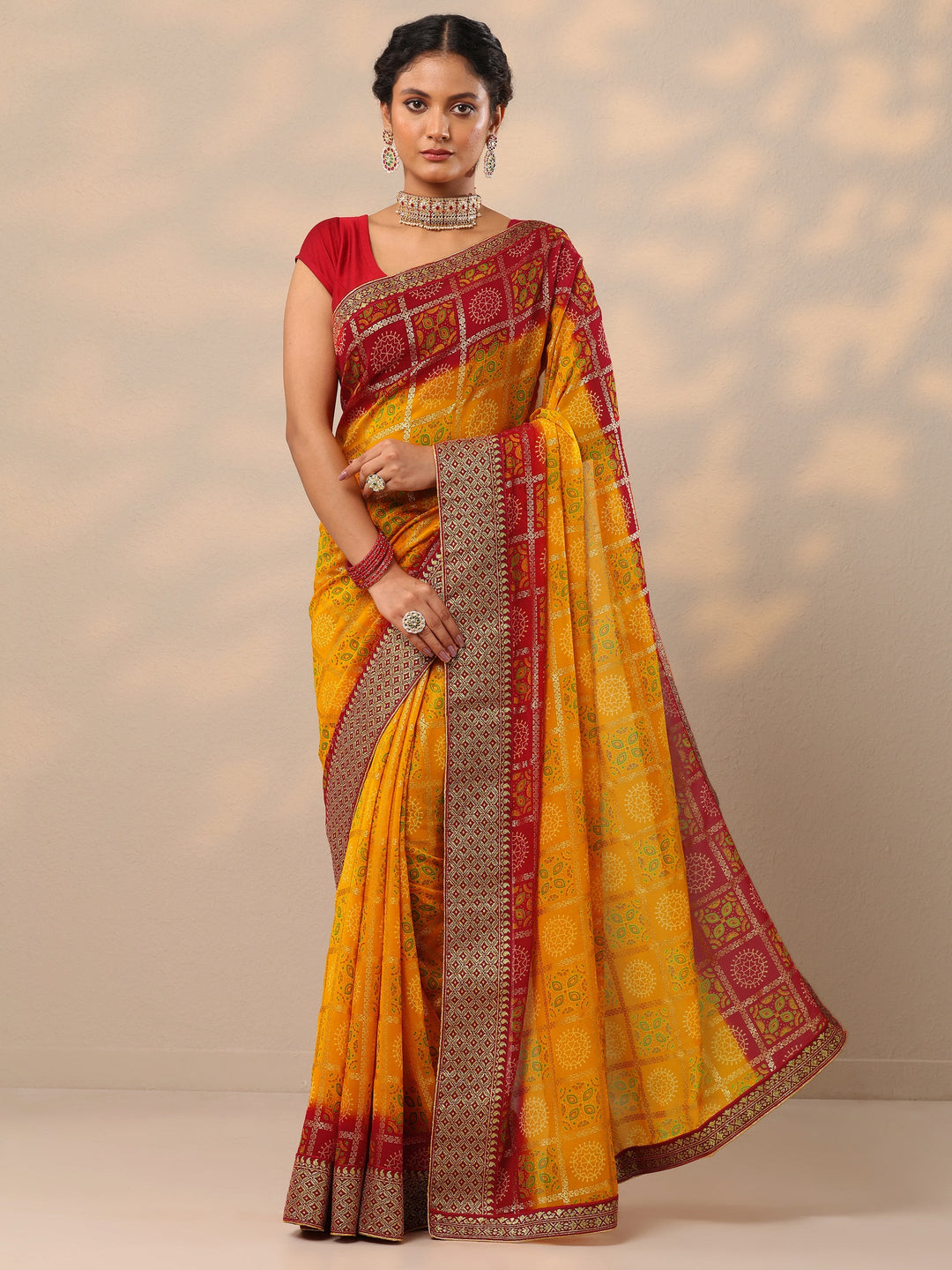  Yellow Bandhani Printed Georgette Saree With Unstitched Blouse Piece 