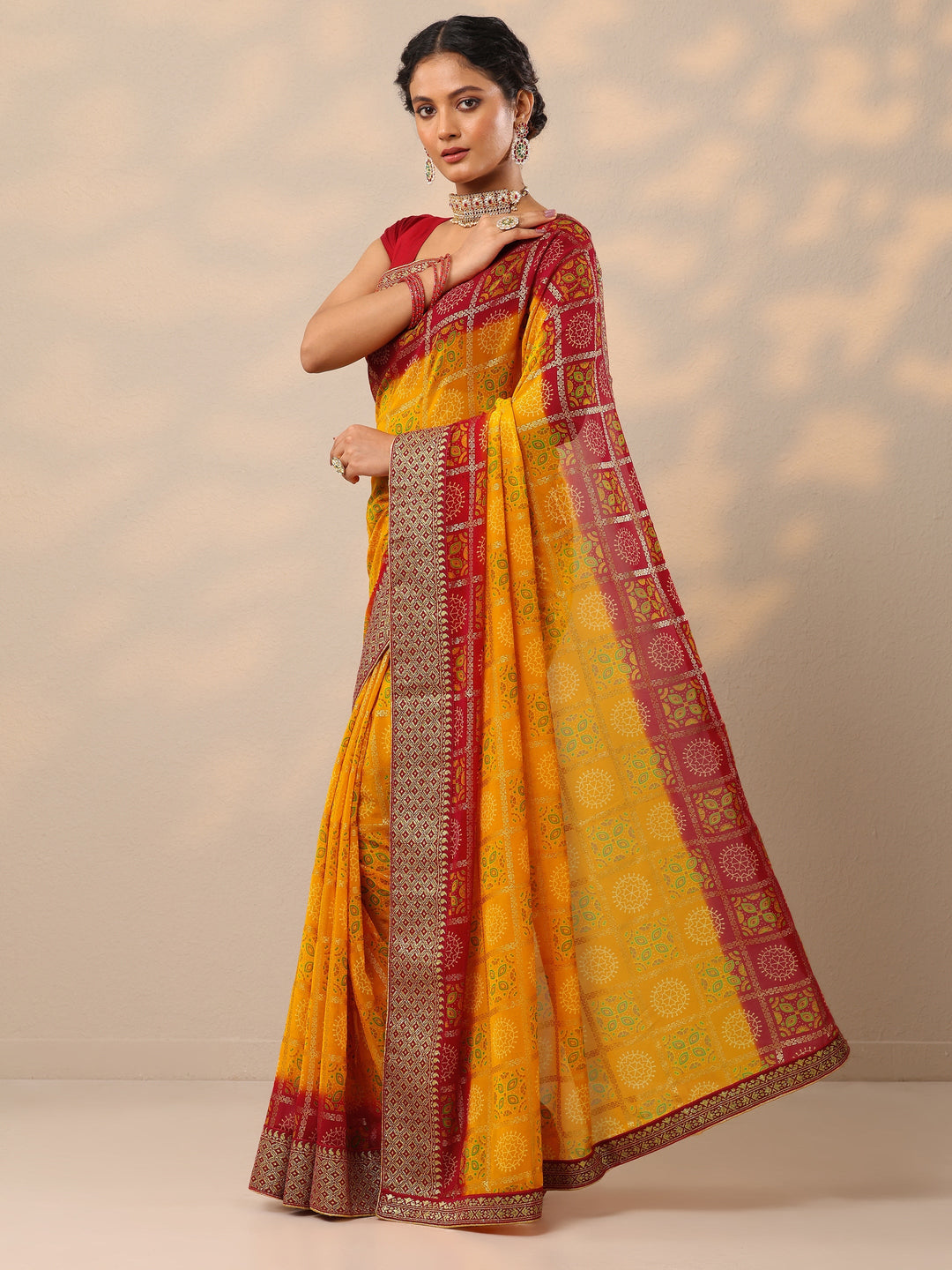  Yellow Bandhani Printed Georgette Saree With Unstitched Blouse Piece 