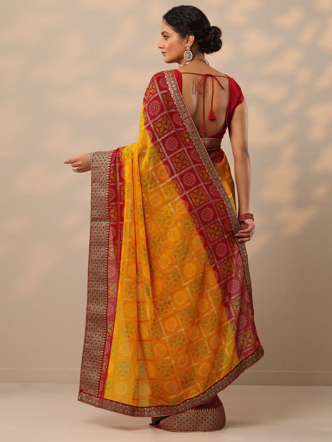  Yellow Bandhani Printed Georgette Saree With Unstitched Blouse Piece 