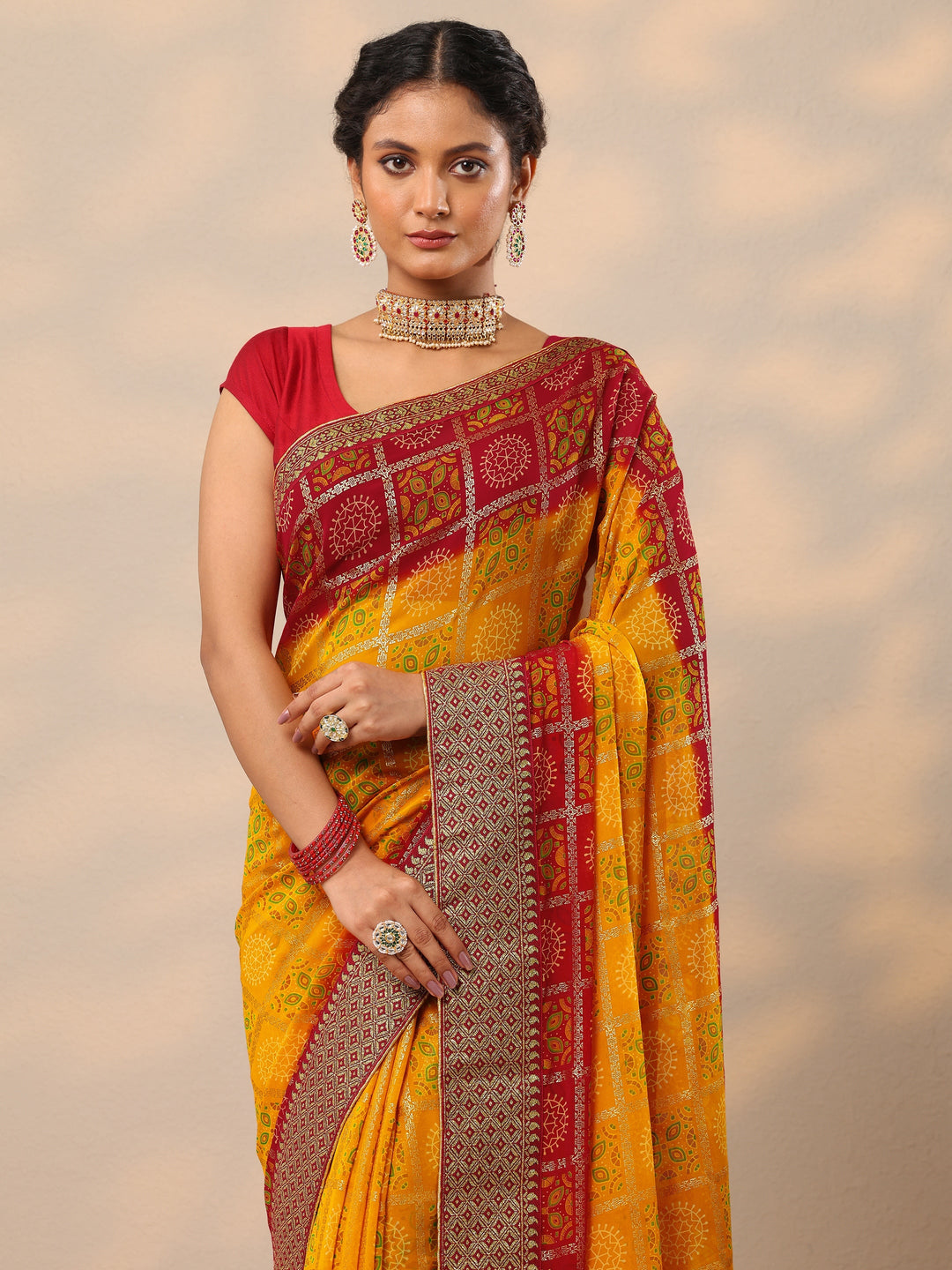  Yellow Bandhani Printed Georgette Saree With Unstitched Blouse Piece 