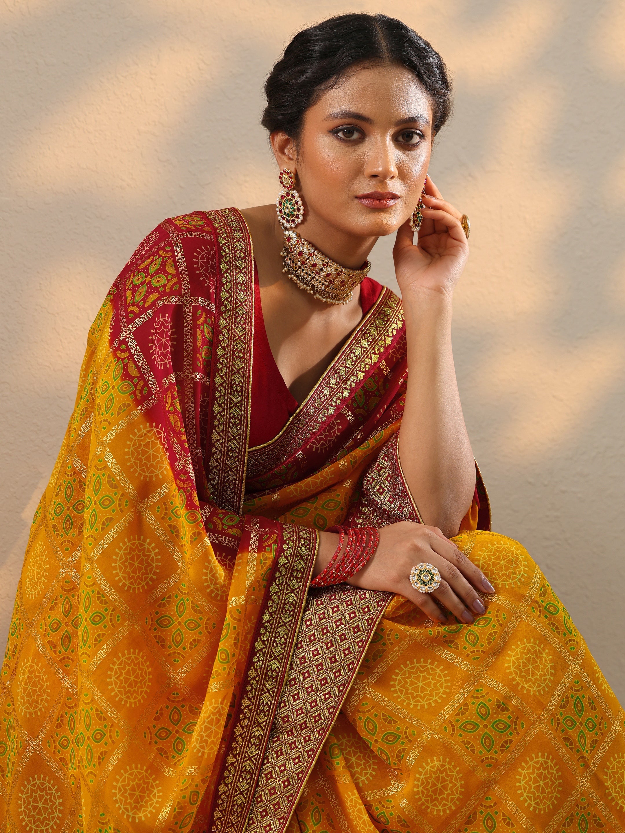 libas Yellow Bandhani Printed Georgette Saree With Unstitched Blouse Piece-picture-11