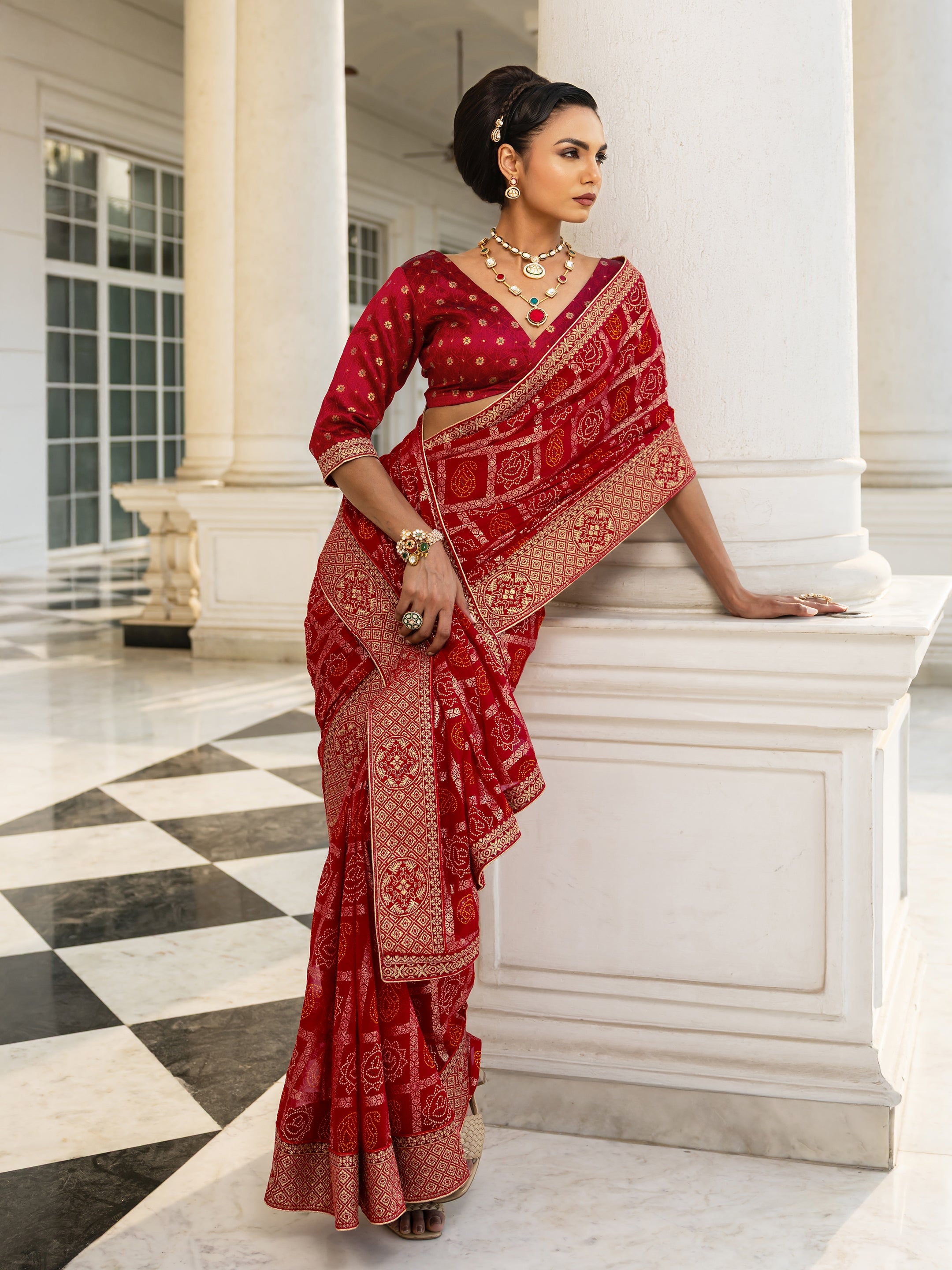 libas Red Bandhani Printed Georgette Saree With Unstitched Blouse Piece-picture-56