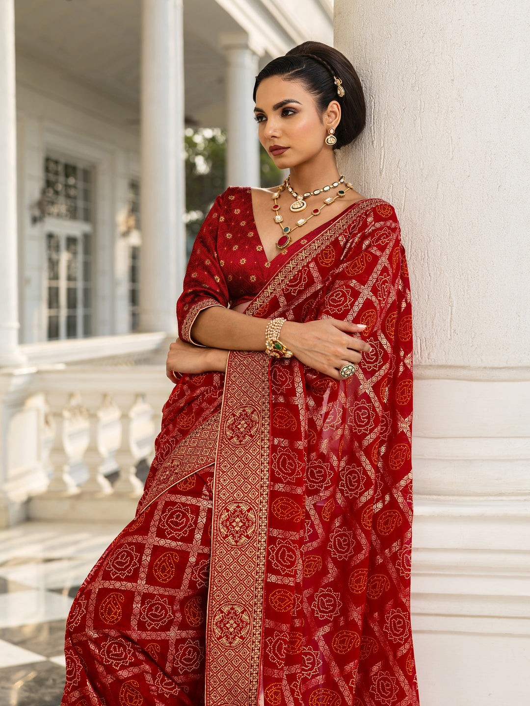  Red Bandhani Printed Georgette Saree With Unstitched Blouse Piece 
