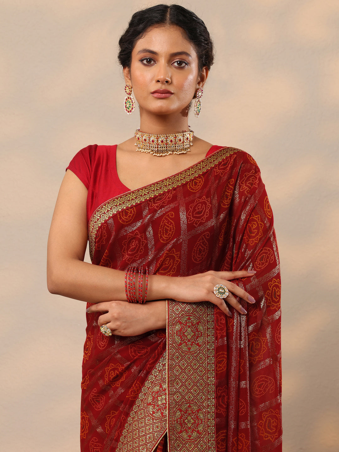  Red Bandhani Printed Georgette Saree With Unstitched Blouse Piece 