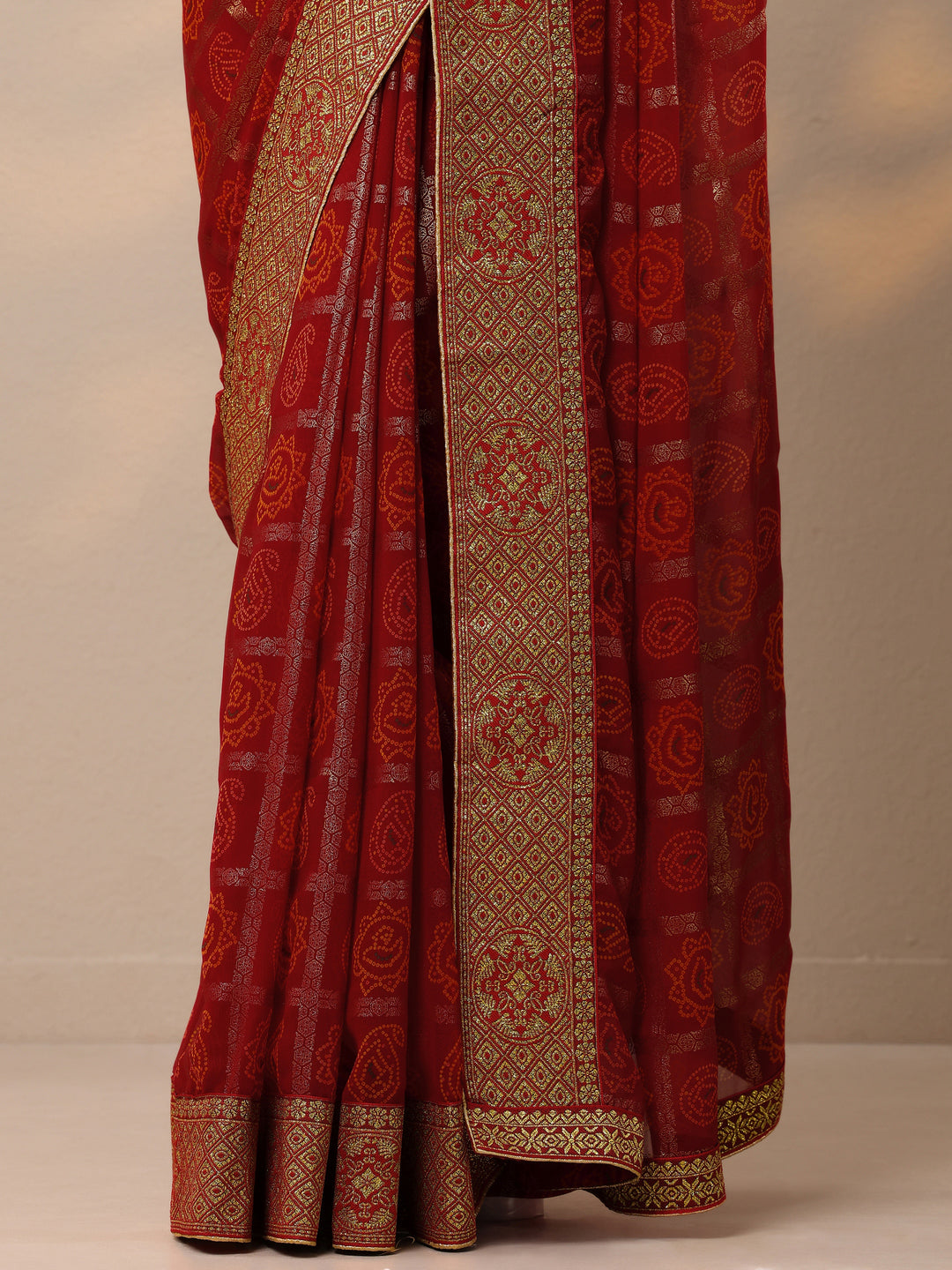  Red Bandhani Printed Georgette Saree With Unstitched Blouse Piece 
