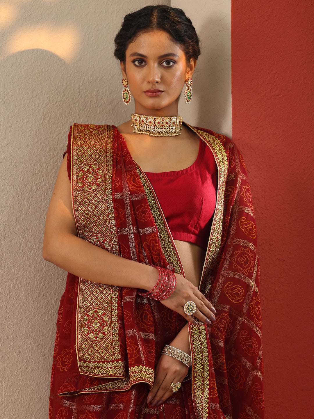  Red Bandhani Printed Georgette Saree With Unstitched Blouse Piece 