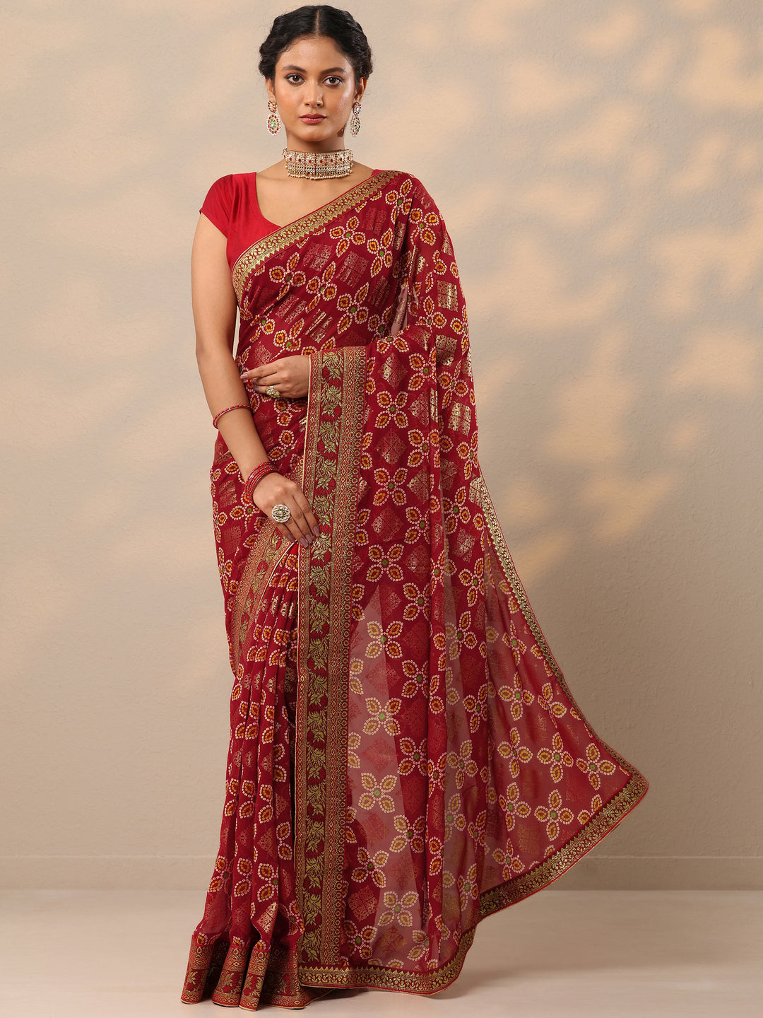  Maroon Bandhani Printed Georgette Saree With Unstitched Blouse Piece 