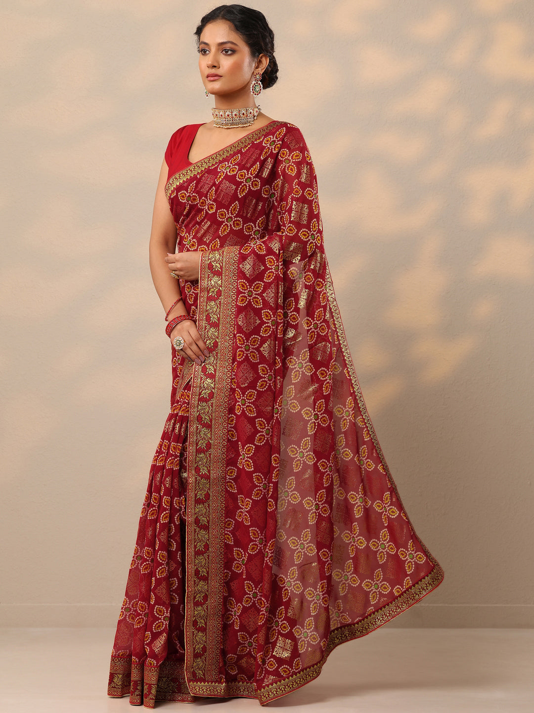  Maroon Bandhani Printed Georgette Saree With Unstitched Blouse Piece 