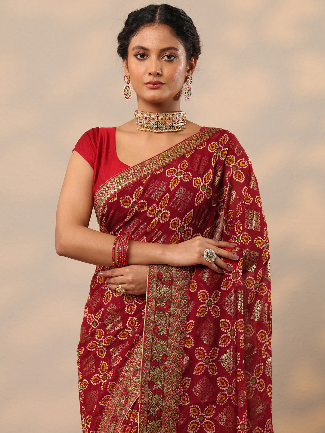  Maroon Bandhani Printed Georgette Saree With Unstitched Blouse Piece 