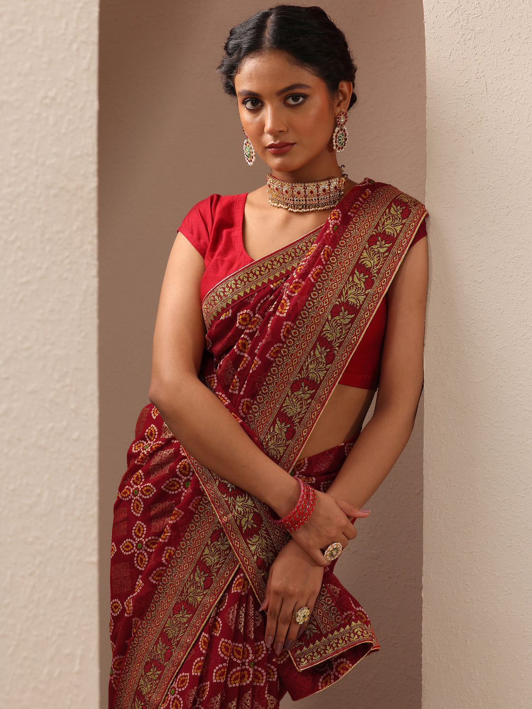  Maroon Bandhani Printed Georgette Saree With Unstitched Blouse Piece 