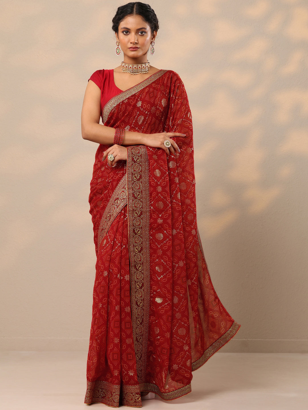  Maroon Bandhani Printed Georgette Saree With Unstitched Blouse Piece 