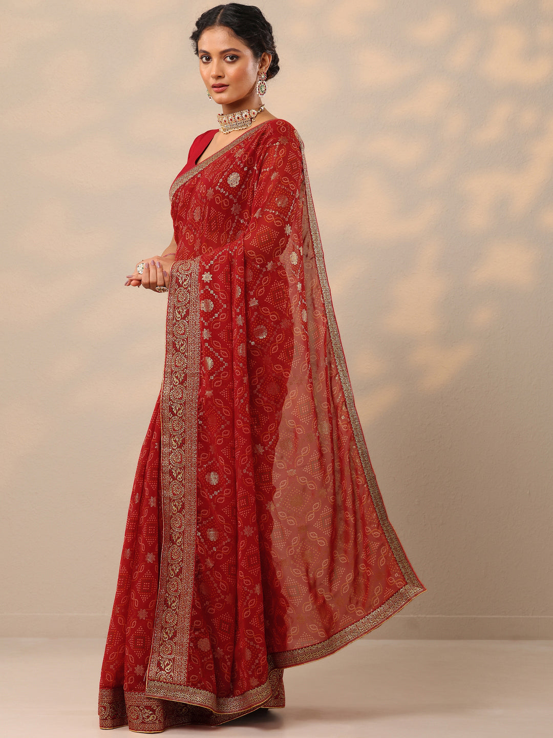  Maroon Bandhani Printed Georgette Saree With Unstitched Blouse Piece 