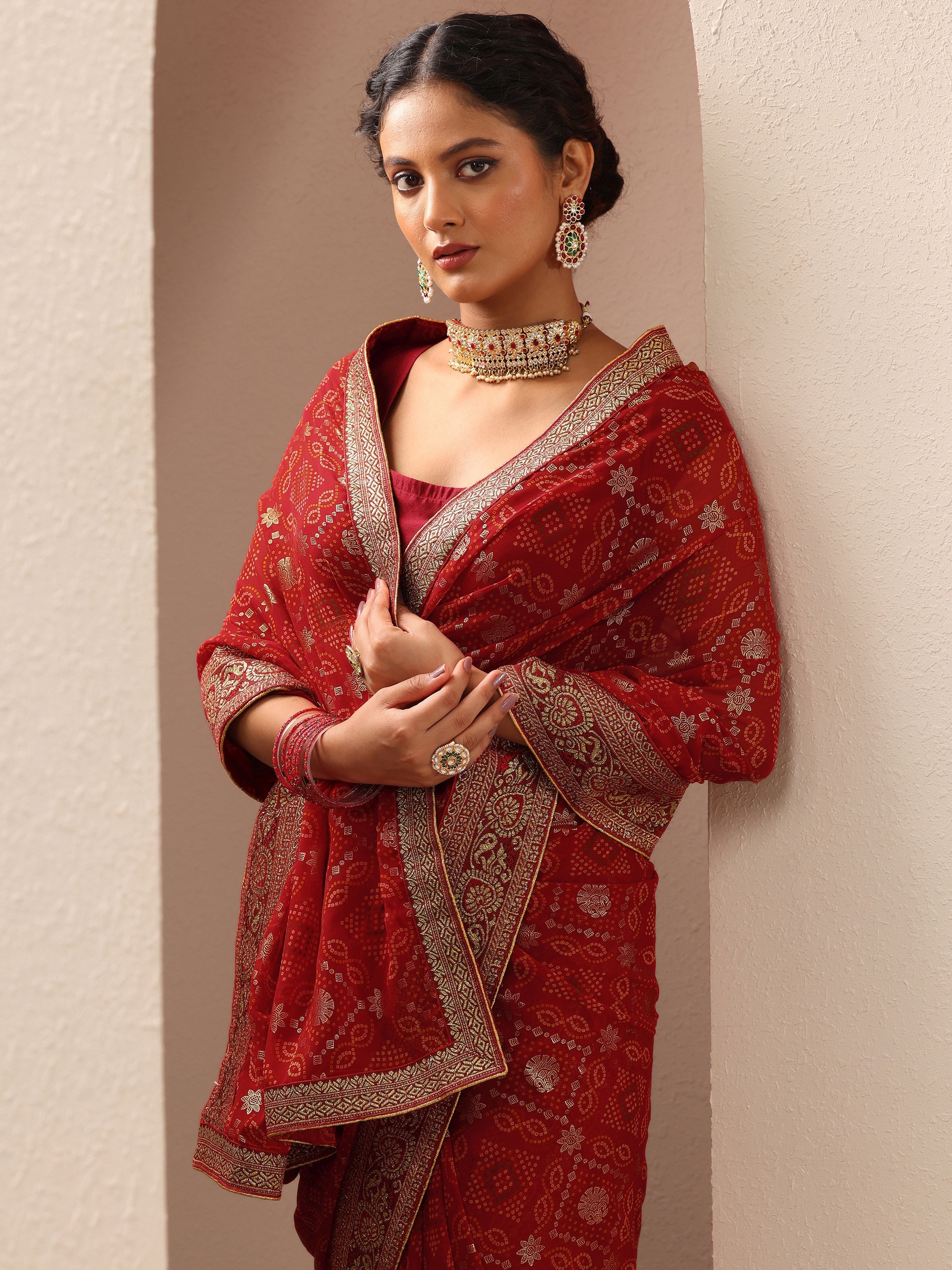 libas Maroon Bandhani Printed Georgette Saree With Unstitched Blouse Piece-picture-65