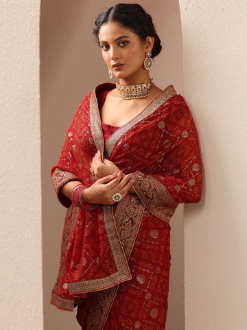 Maroon Bandhani Printed Georgette Saree With Unstitched Blouse Piece