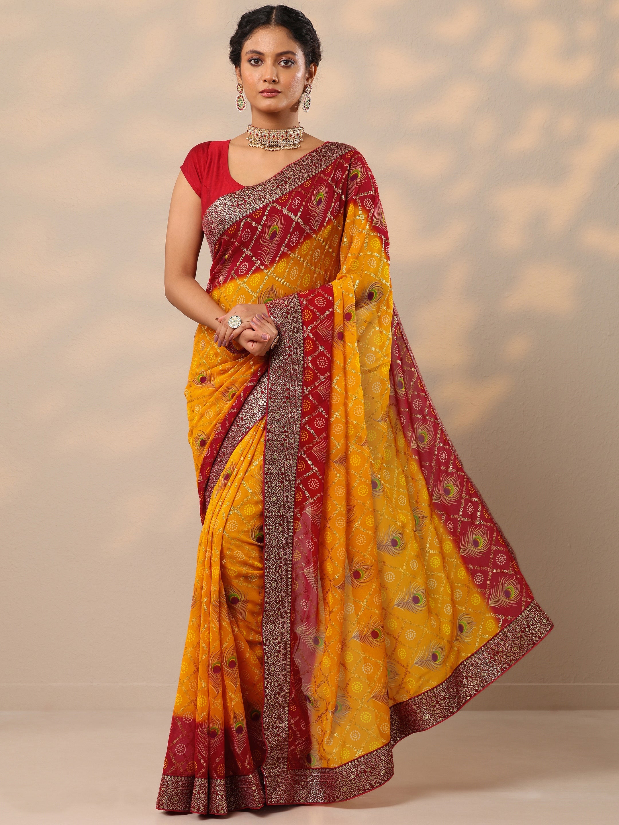 libas Yellow Bandhani Printed Georgette Saree With Unstitched Blouse Piece-picture-39