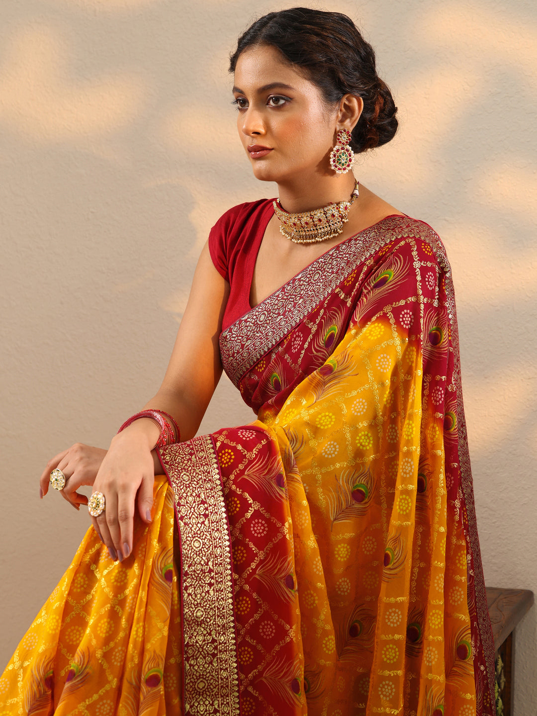  Yellow Bandhani Printed Georgette Saree With Unstitched Blouse Piece 