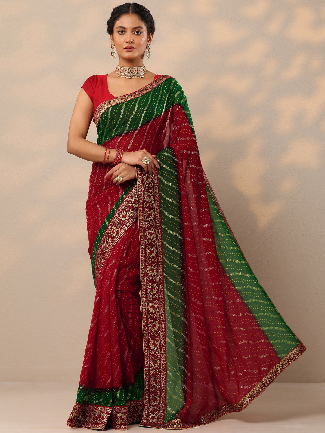  Red Bandhani Printed Georgette Saree With Unstitched Blouse Piece 