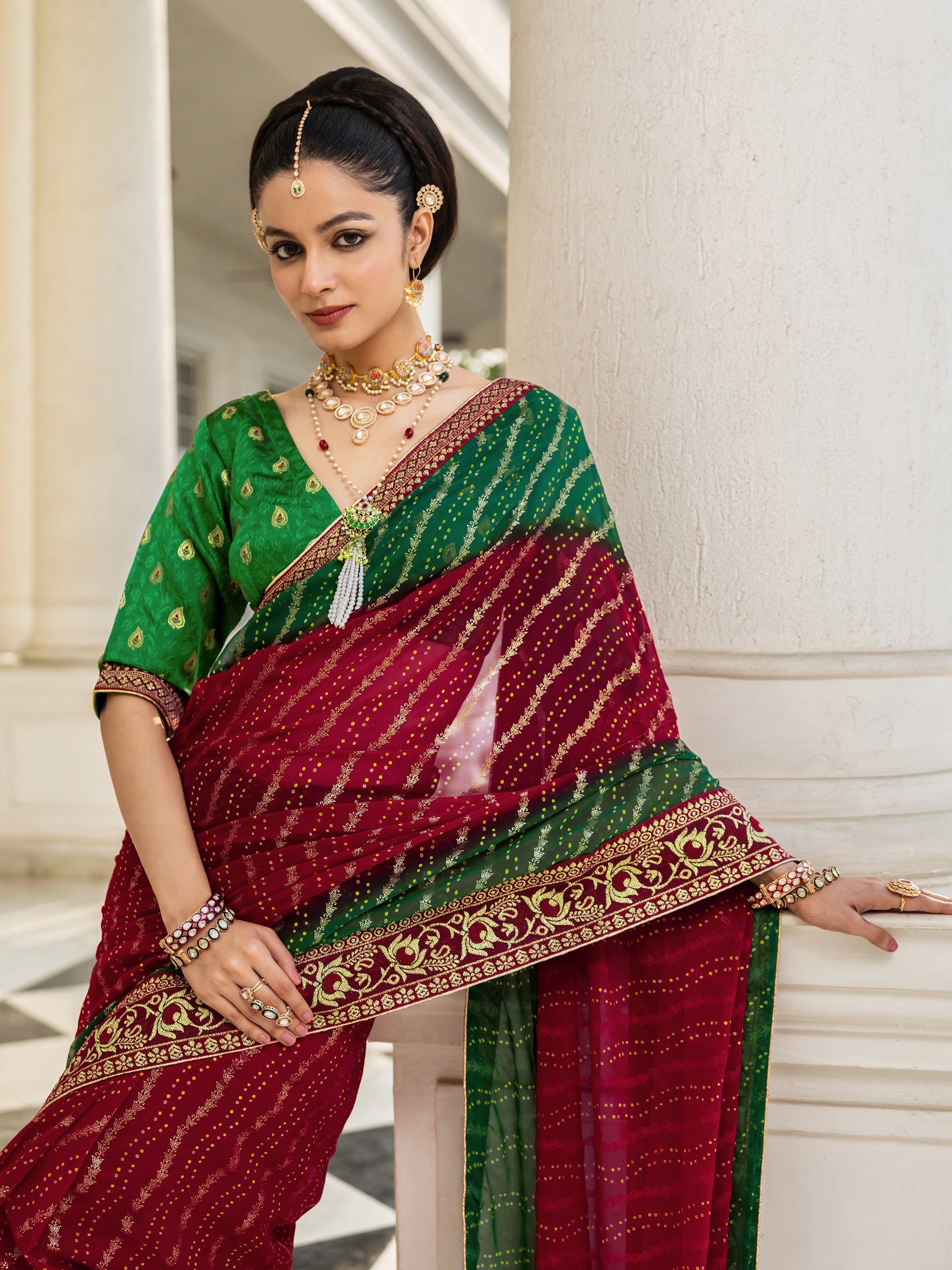 libas Red Bandhani Printed Georgette Saree With Unstitched Blouse Piece-picture-18
