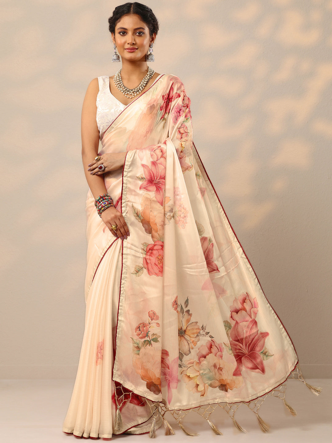 Cream Printed Crepe Saree With Unstitched Blouse Piece 