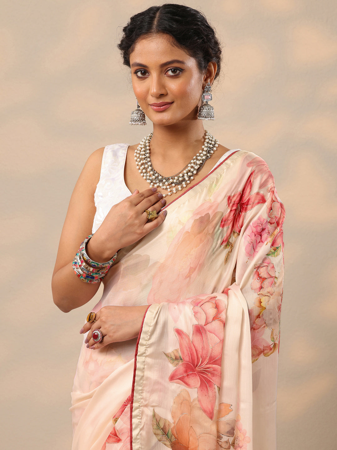  Cream Printed Crepe Saree With Unstitched Blouse Piece 
