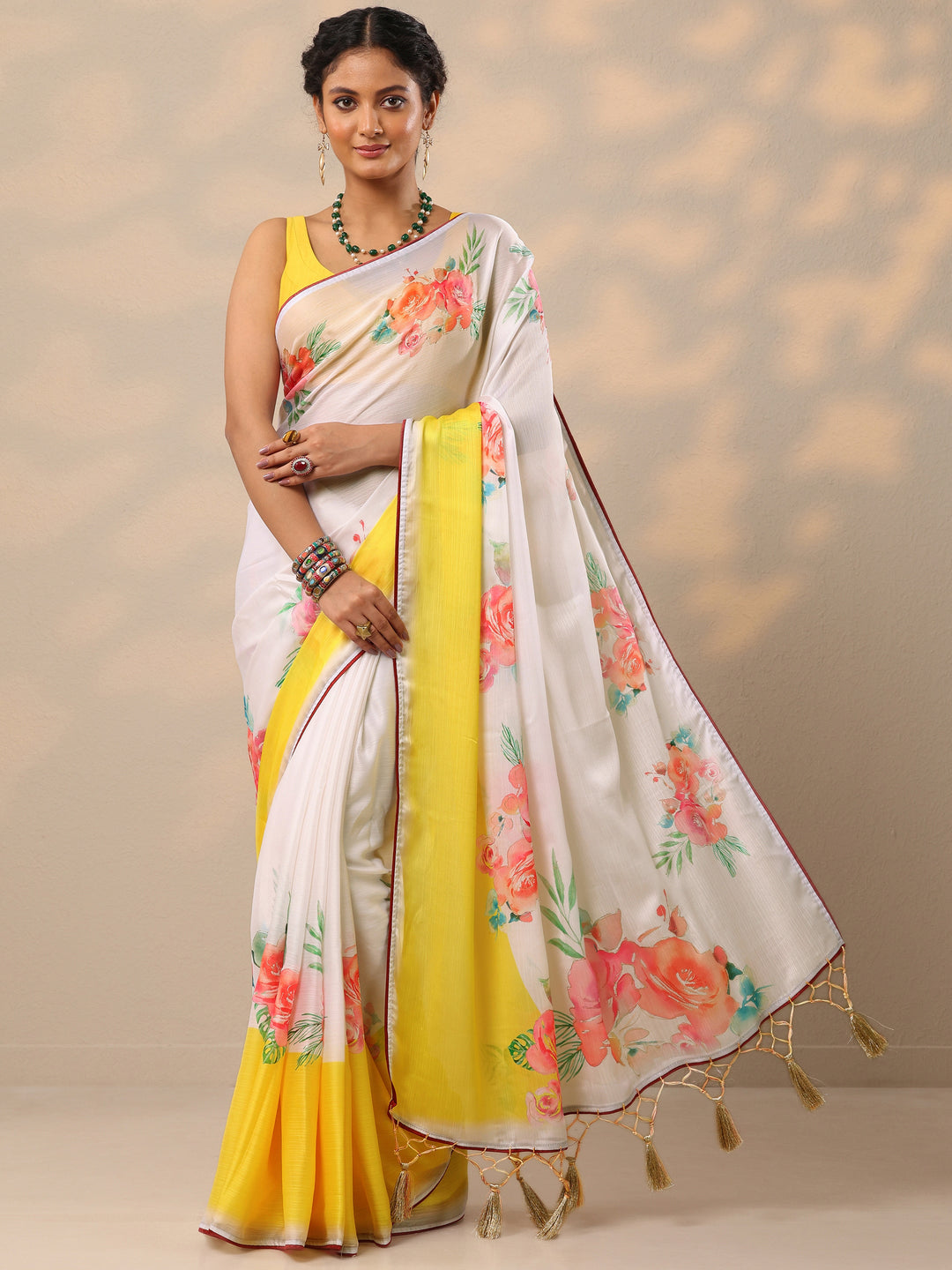  Cream Printed Crepe Saree With Unstitched Blouse Piece 