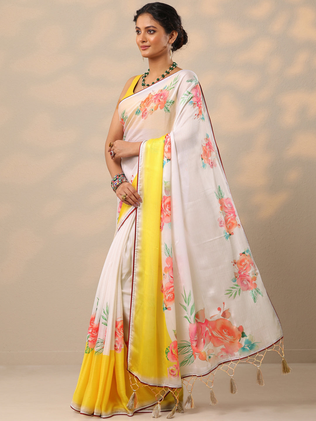  Cream Printed Crepe Saree With Unstitched Blouse Piece 
