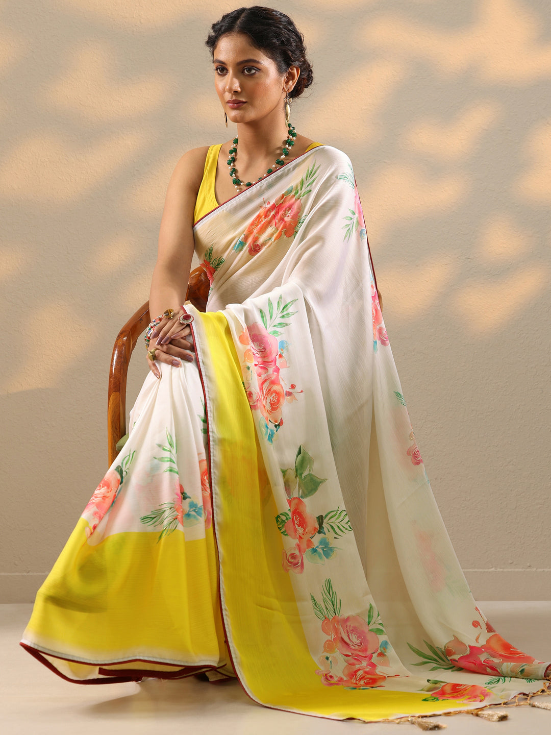  Cream Printed Crepe Saree With Unstitched Blouse Piece 