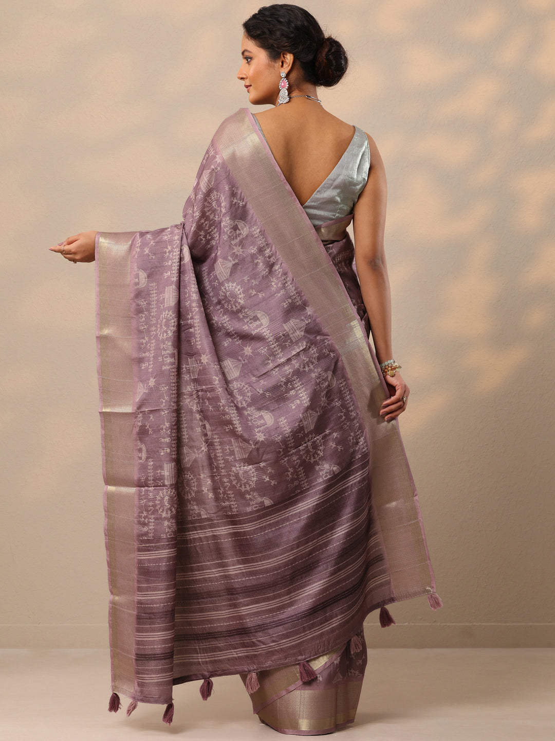  Purple Printed Silk blend Saree With Unstitched Blouse Piece 