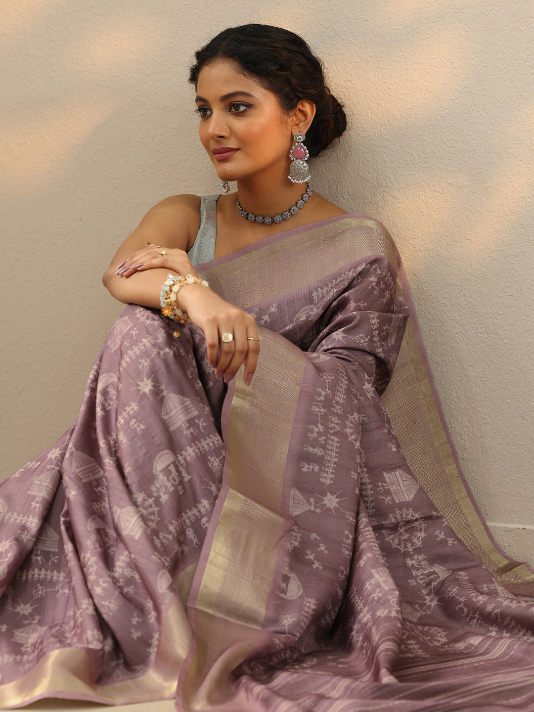  Purple Printed Silk blend Saree With Unstitched Blouse Piece 
