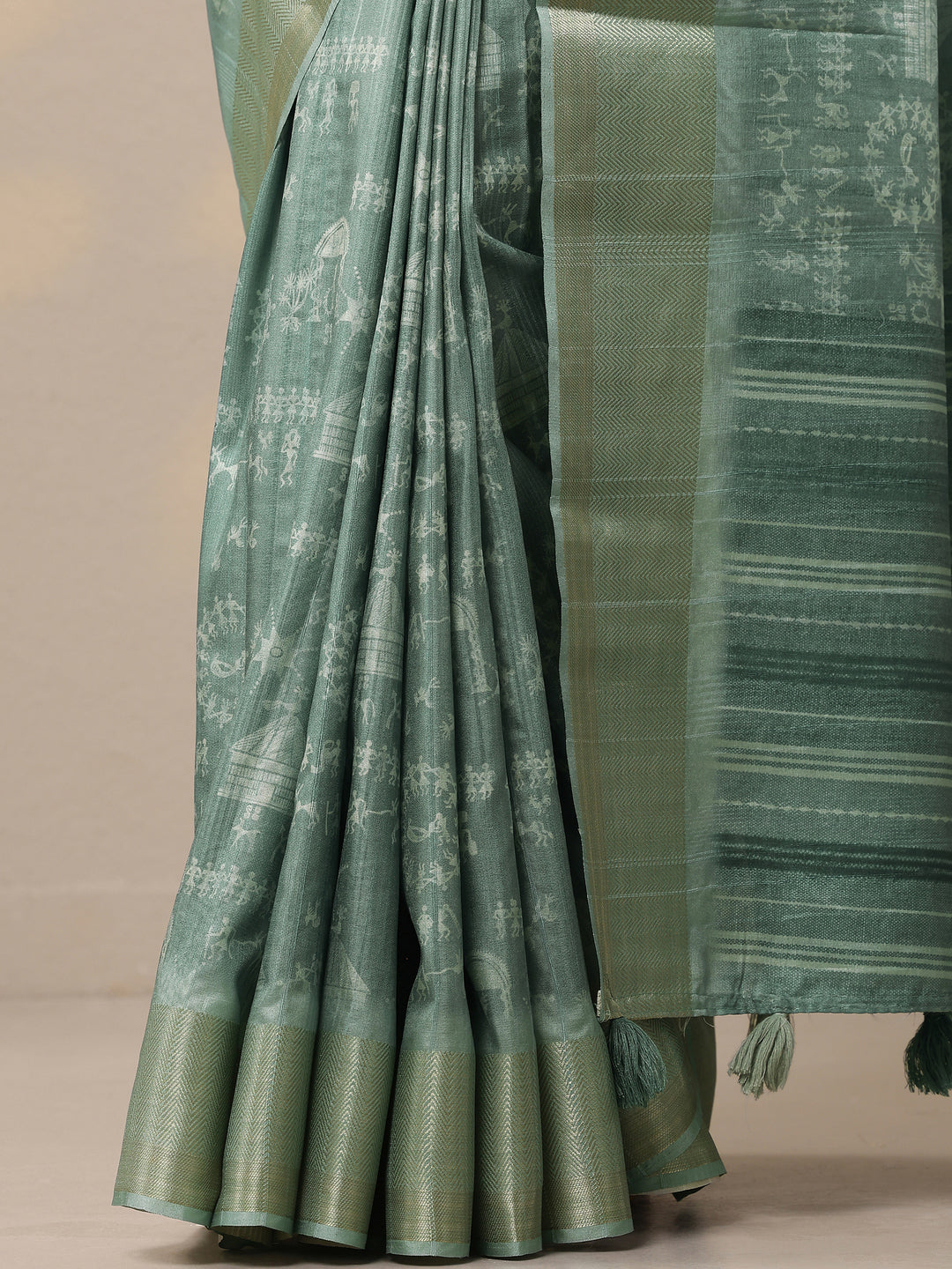  Green Printed Silk Blend Sarees With Unstitched Blouse Piece 