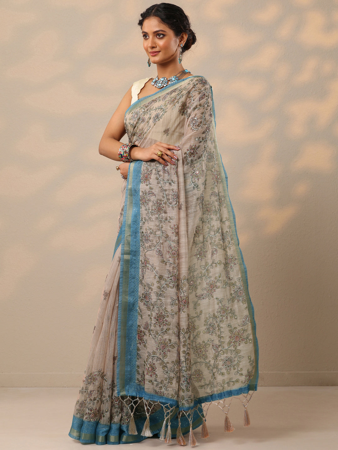  Beige Printed cotton blend Saree With Unstitched Blouse Piece 
