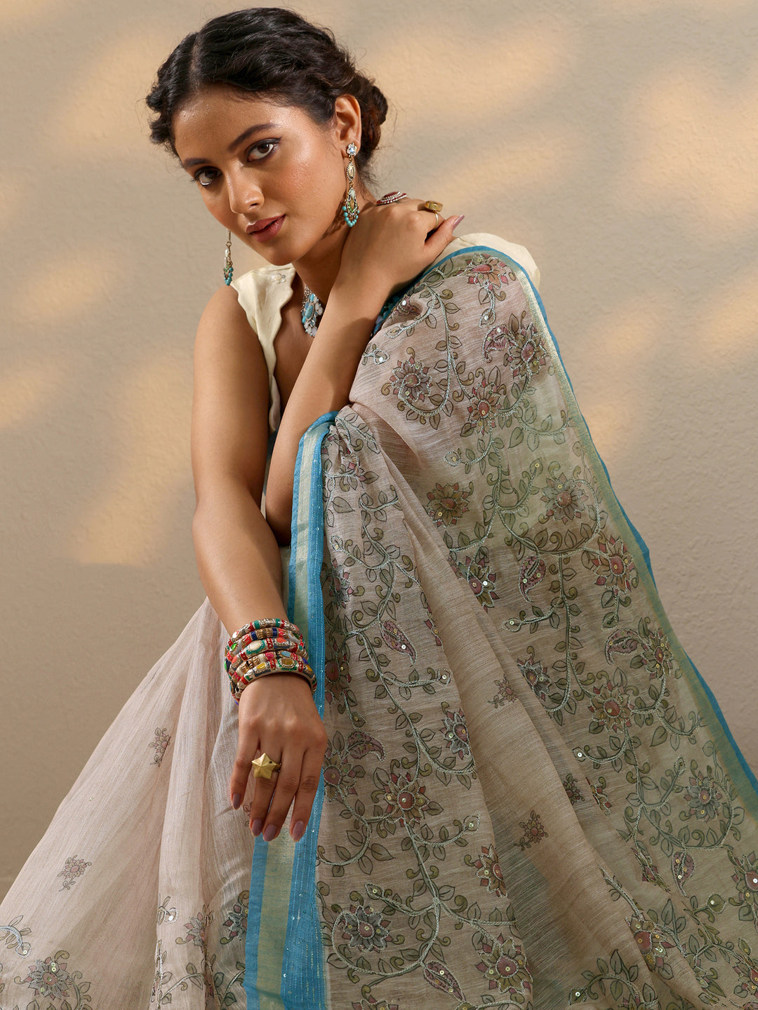  Beige Printed cotton blend Saree With Unstitched Blouse Piece 