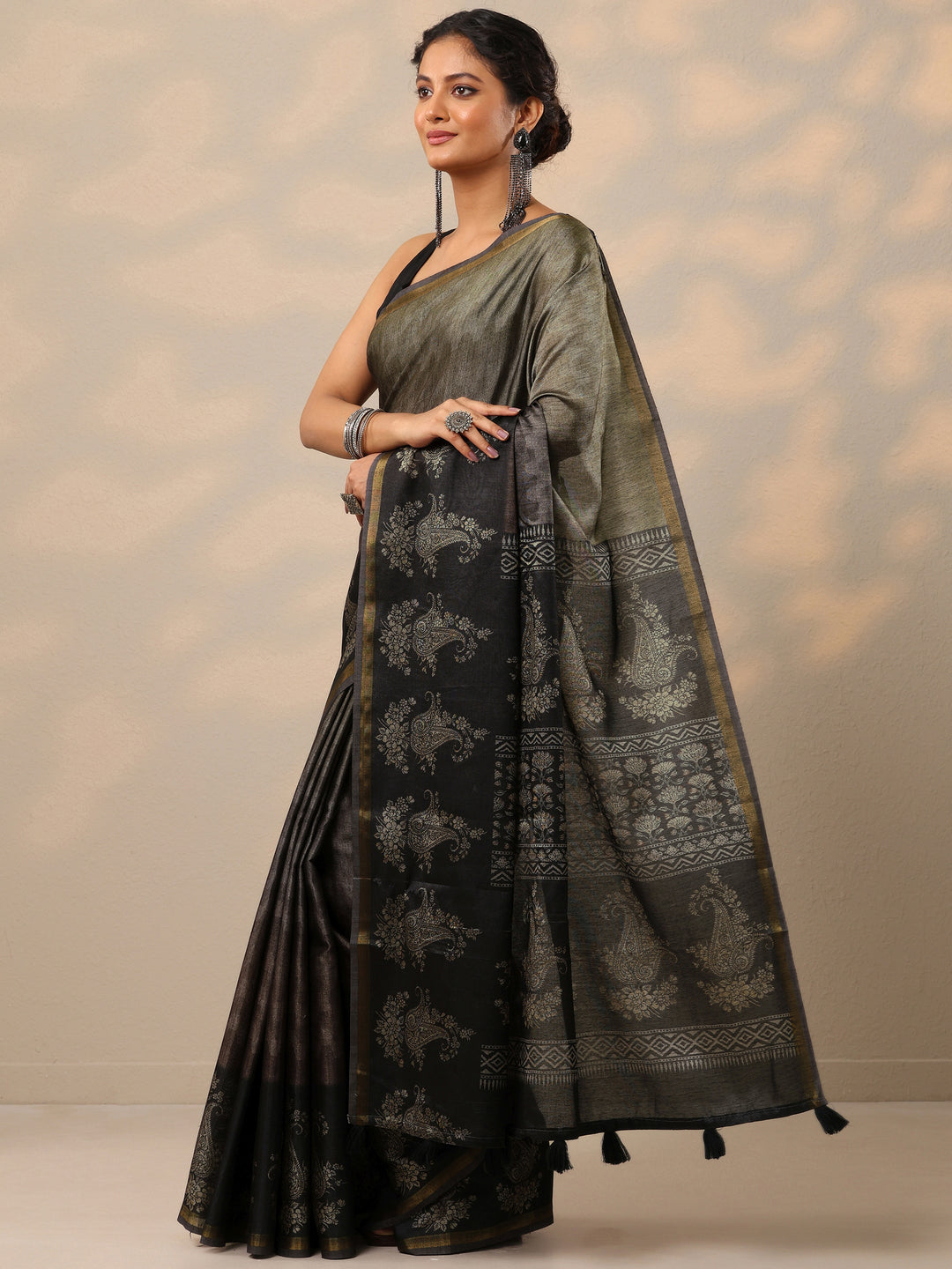 Black Printed cotton blend Saree With Unstitched Blouse Piece 