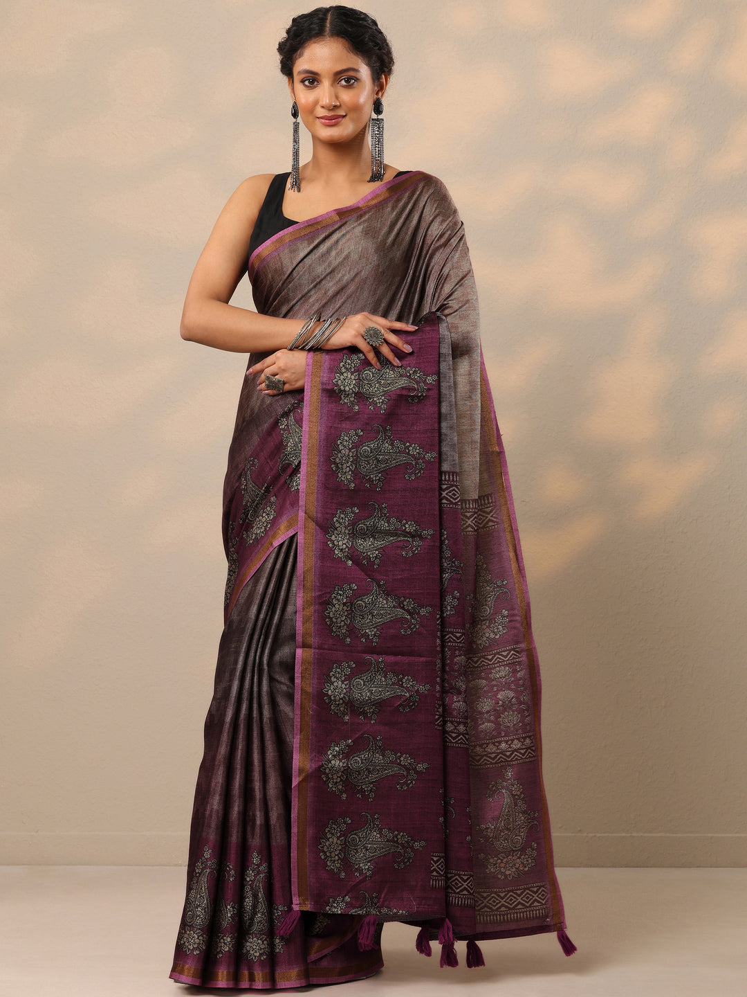  Brown Printed Cotton Blend Saree With Unstitched Blouse Piece 