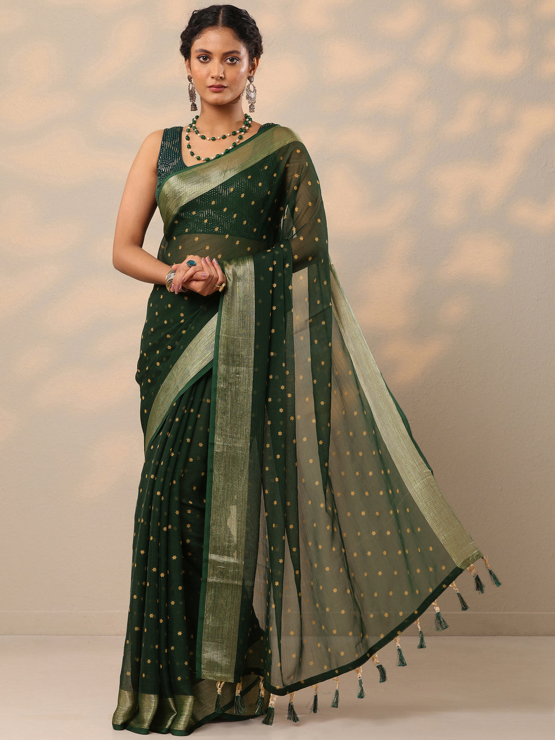  Green Printed Chiffon Saree With Unstitched Blouse Piece 