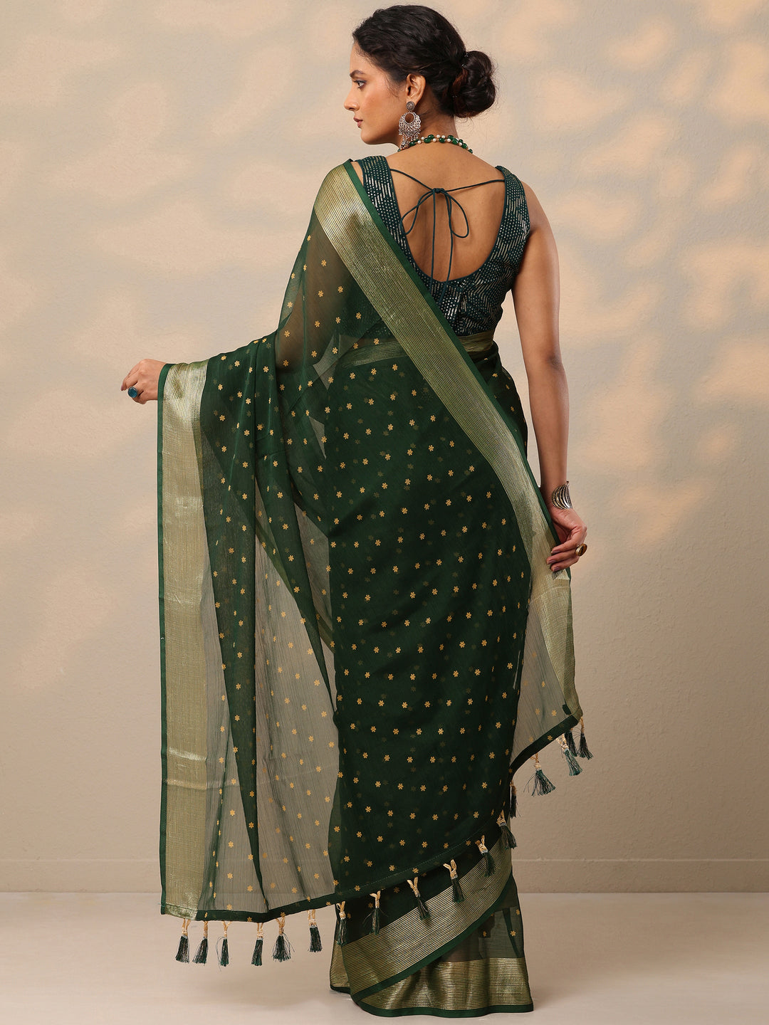  Green Printed Chiffon Saree With Unstitched Blouse Piece 