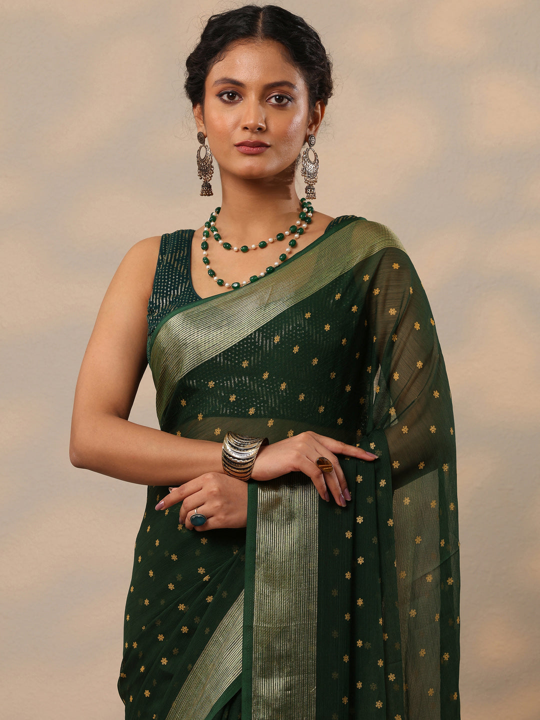  Green Printed Chiffon Saree With Unstitched Blouse Piece 