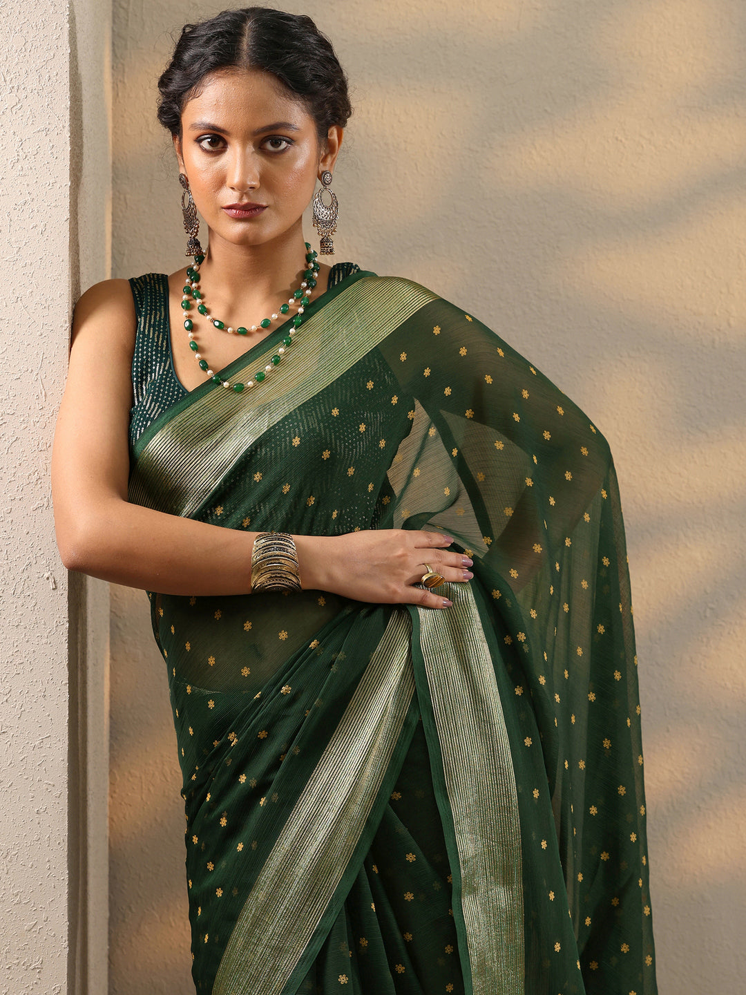  Green Printed Chiffon Saree With Unstitched Blouse Piece 