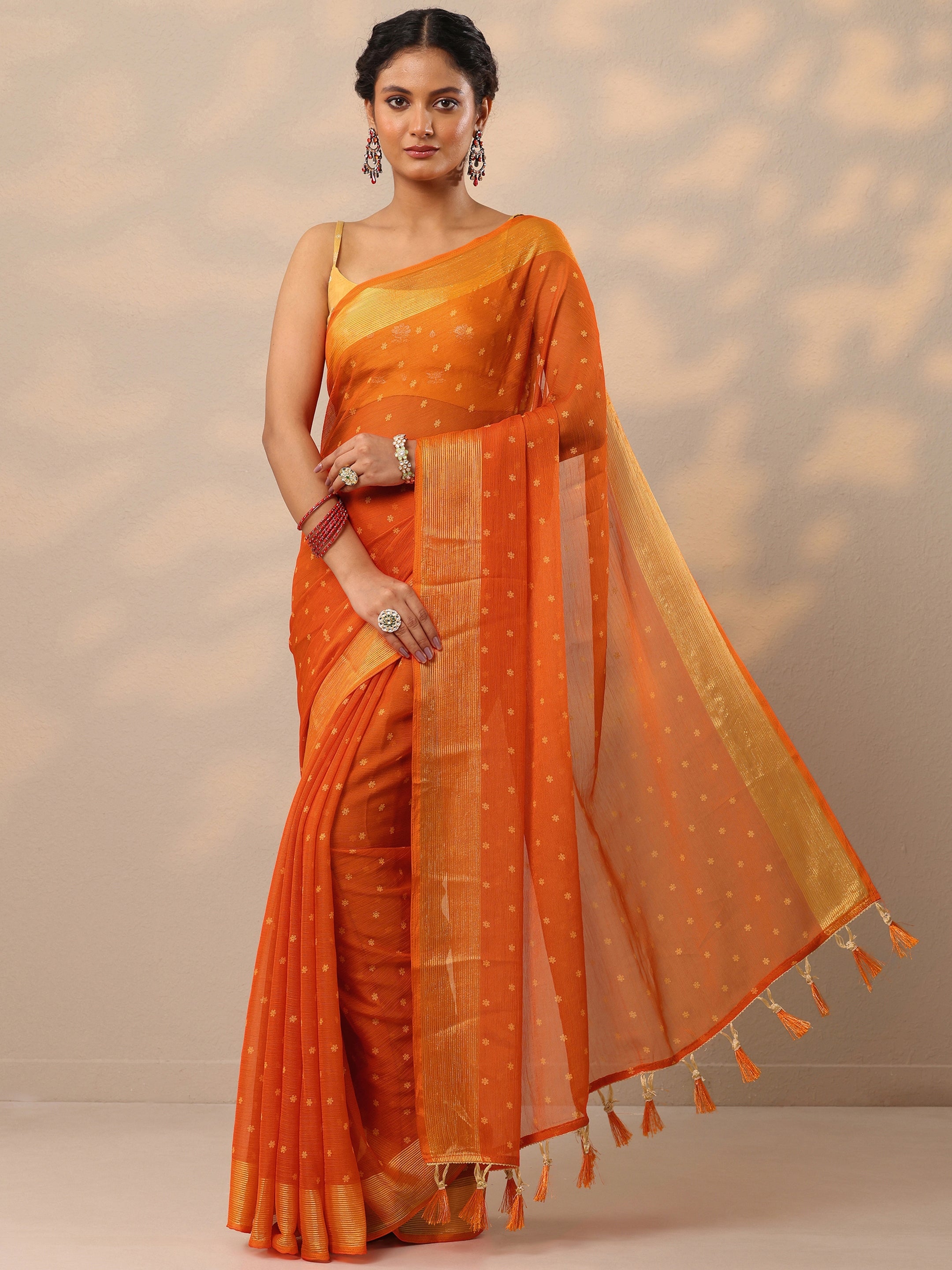 Orange Printed Chiffon Saree With Unstitched Blouse Piece-image-43