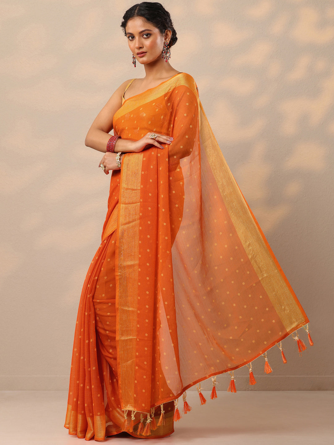  Orange Printed Chiffon Saree With Unstitched Blouse Piece 