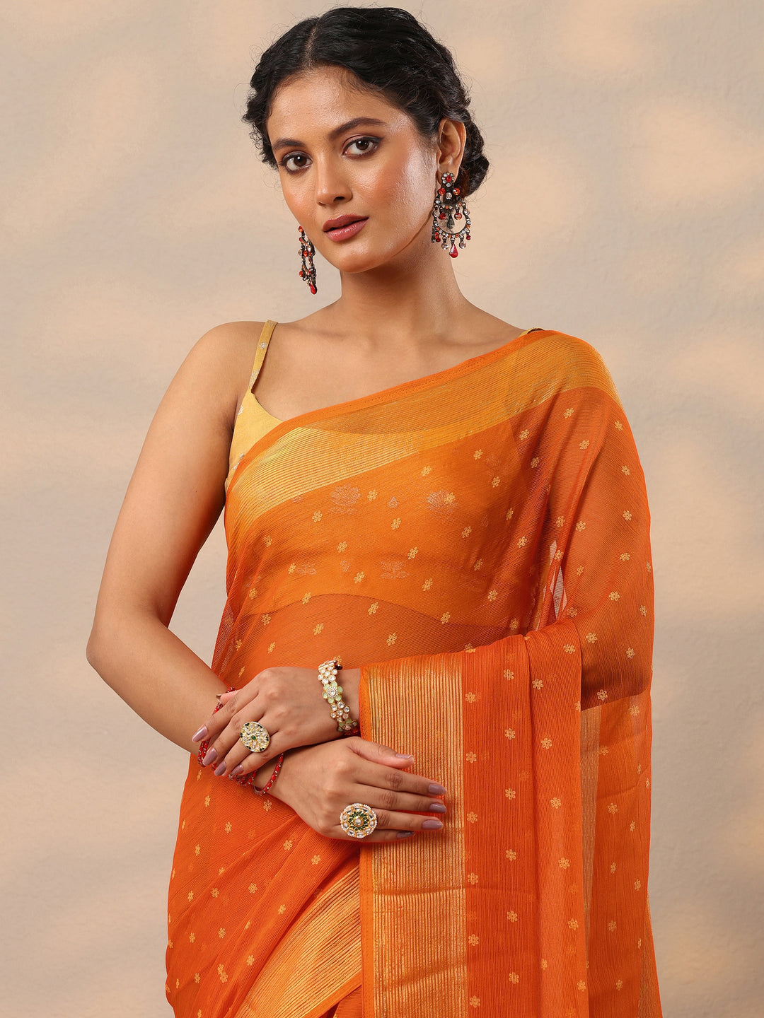  Orange Printed Chiffon Saree With Unstitched Blouse Piece 