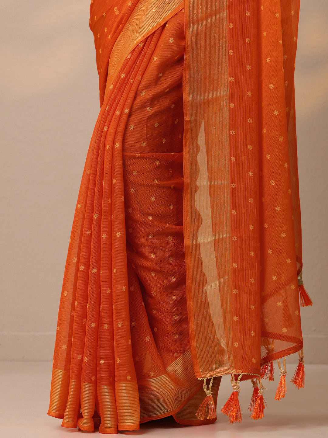  Orange Printed Chiffon Saree With Unstitched Blouse Piece 