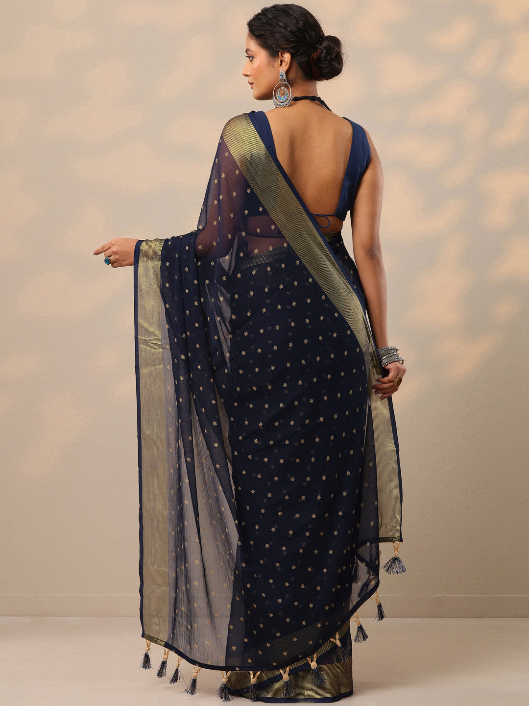  Blue Printed Chiffon Saree With Unstitched Blouse Piece 