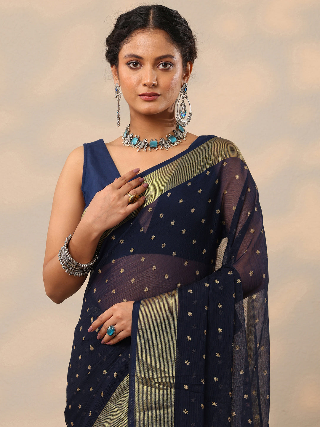  Blue Printed Chiffon Saree With Unstitched Blouse Piece 